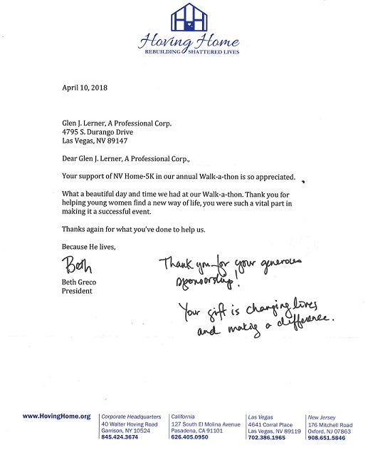 Hoving Home Note of Appreciation Letter of Thanks from Hoving Home