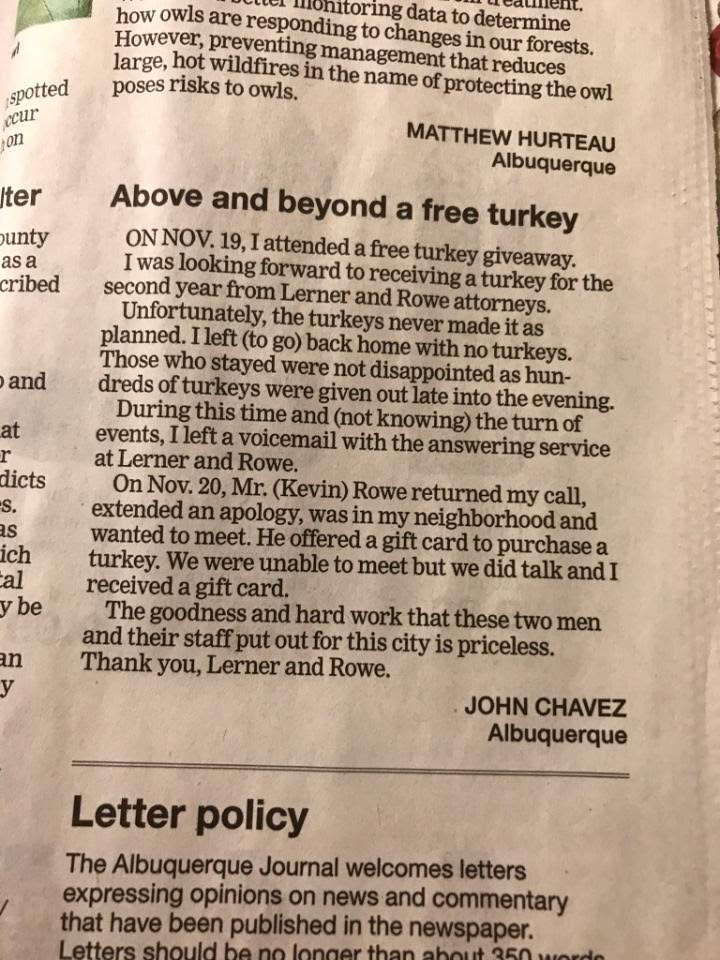 News Clipping - Above and Beyond Free Turkey